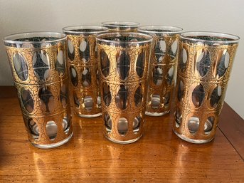 A Set Of 6 Culver Vintage Gold Crackle Piza  Highball Glasses - MCM