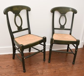 (2) French Country Dark Green Open Back Wood Thrush Seat Chairs