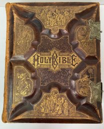 Antique 1886 Leather Bound - Large King James Holy Bible - Wilcox Family - Rhode Island - 2000 Illustrations