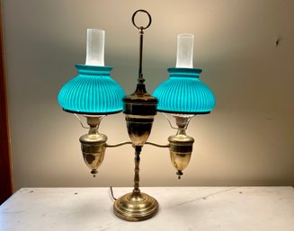 Vintage Double Green Glass Shade Brass Student Lamp