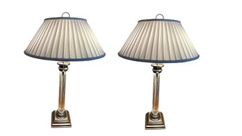 Ethan Allen Pair Crystal Fluted  Lamps With Brushed Stainless Accents And Pleated Fabric  Shades