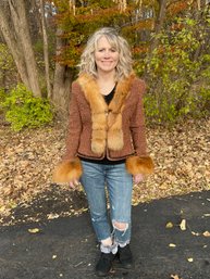 Zippered Jacket With Red Fox Fur Trim Size 14