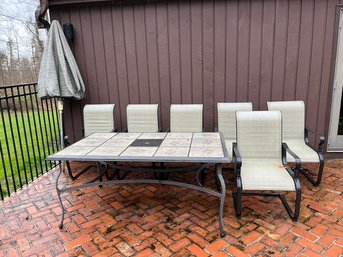 Patio Table, 6 Chairs And Umbrella With Stand