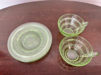 Vaseline And Uranium Glass  Tea Cups And Plates (ca. 1930s)