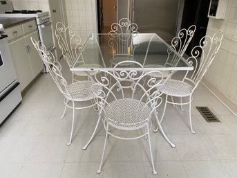 Vintage Wrought Iron Glass Top Garden Table & Six Chairs