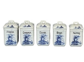 Antique/Vintage 5 Piece Set Of Delft Blue Style Spice Jars Featuring Windmills. Made In Germany