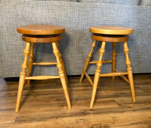 Pair Of Swivel Top Solid Wood Stools Made In USA