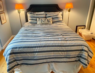 Queen Bed With Upholstered Blue Headboard, Mattress & Linens