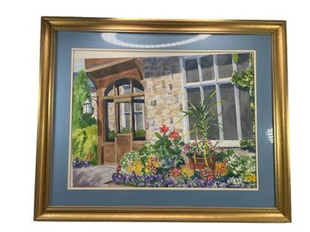 Home Front Garden Watercolor With Gilt Frame * Large - Artist Unknown