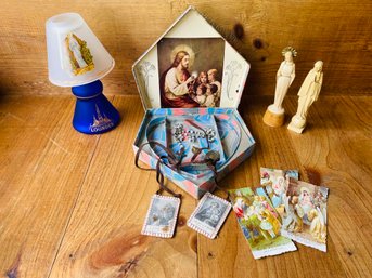 Early 1920s First Communion Box With Vintage Religious Items