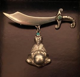 Vintage Mexico Silver Brooch Arabian Nights Pin Sword Man Turban Turquoise Fortune Teller Mystic Crystal Ball