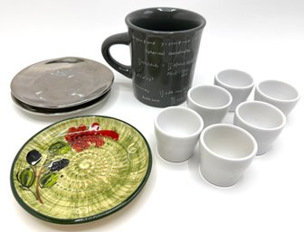 2 Metallic French Plates, Set 6 Ceramic Shot Glasses, Fishs Eddy Math Mug & Garlic Grater Plate