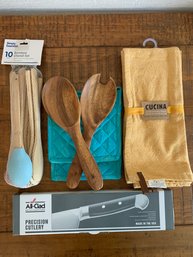 Collection Of NEW Kitchen Utensils, Napkins And All-Clad Knife
