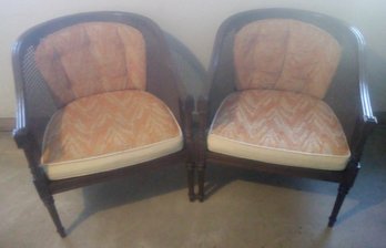 Two Upholstered And Cane French Style Arm Chairs