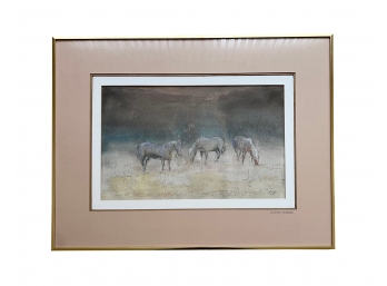 Signed Watercolor With Horses Grazing Titled 'Winter Forage'