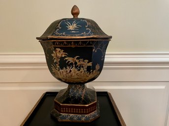 Asian Inspired Black & Gilt Paint Decorated Square Lidded Vessel