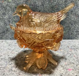 Bird On Nest Molded Amber Glass Covered Dish Candy Dish
