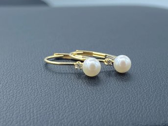 Elegant Pearl & Diamond Drop Earrings In 14k Yellow Gold