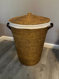 Lidded Wicker Basket Hamper With Leather Strap Handles