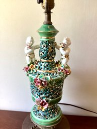 Vintage Floral Ceramic Table Lamp Works Capodimonte Style Cherubs Brass Base