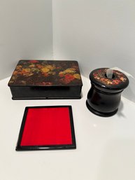 Russian Lacquer Ware, Small Box For Trinkets And Or Jewelry, String Box, And Coaster.