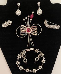Vintage Lot Jewelry - Rhinestones Colorful Stones - Brooch Pin Bracelet Earrings - Silver Tone