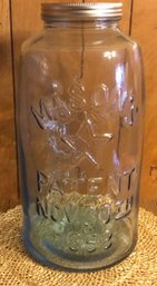 Vintage Large Aqua Glass Mason Jar, Eagle, Nov. 30, 1858