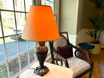 Open Work Wrought Iron Style Metal Table Lamp With Simulated Paper Shade