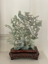 Vintage Carved Jade Chinese Sculpture Birds In Tree