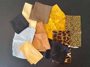 Lot Of Ten Silk Pocket Squares And Small Scarves, Including Hermes And Giorgio Armani