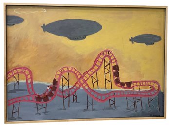Large Outsider Art Rollercoaster & Blimp Painting By Lesser Ca 1979 51' X 36' (A-1)