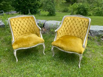 Antique Chartreuse Tufted Chairs, Turns Into Loveseat!