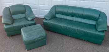 Faux Leather Hunter Green Sofa, Chair And Ottoman