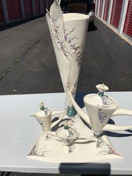 Vintage Designer Porcelain Tea Set With  24 Inches Tall Vase, Purchased 1993  For The Amount Of $ 1,512.00