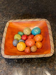 Wooden Bowl With Woven Trim And Colorful Accent Rocks Stones Home Decor