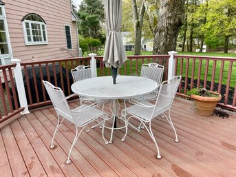 Woodard White Wrought Iron Table, Arm Chairs & Patio Umbrella