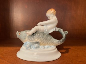 Vintage Herend Figure Of A Boy Riding On A Fish