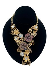 Gold Tone Metal Large Bib Necklace With Acrylic Rhinestones And Roses