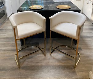 Pair Of Modern White And Gold Metal Base Barstools