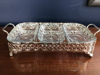 Crystal Relish REIMS France 3 Part Variety Tray In Metal Silver Strand