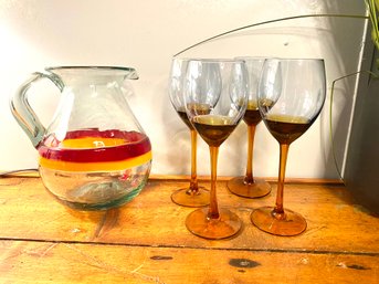 Blown Glass Pitcher With 4 Amber Bottom Glasses