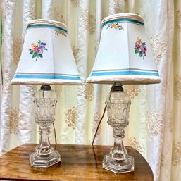 A Pair Of Antique Converted Oil Lamps - Charming - Painted Shades