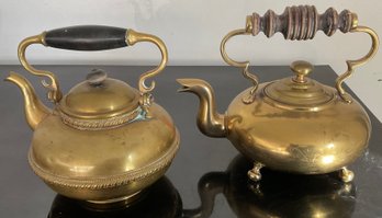 Vintage Brass Teapots, Wooden Handles