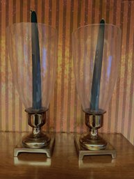 Pair Brass Candlestick With Hurricane Glass Shades