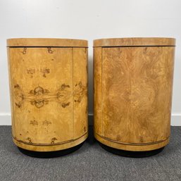 Pair Of Henredon Scene Two Cylindrical Burl Nightstands