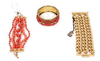 Lot Of Three Coral Toned And Gold Toned Jewelry Pieces, Including A Juicy Couture Bead Bracelet