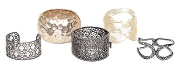 Lot Of Five Assorted Chunky Cuff And Hinged Bangle Bracelets, Some Bedazzled