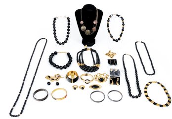 Monet Intense Lot Of Vintage Costume Jewelry Pieces, Black Tones, Some In Original Packaging