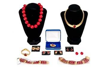 Monet Handsome Lot Of Vintage Costume Jewelry Pieces, Red Tones, Some In Original Packaging