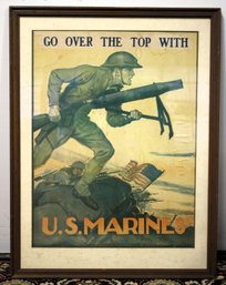 Antique Framed U.S. Marines Recruting Poster Go Over The Top